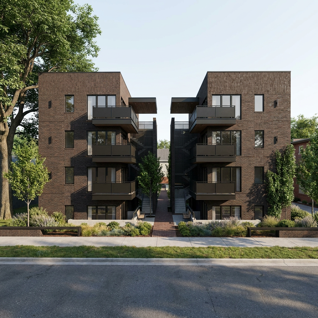 Boardwalk by MOD — twin brick buildings joined by a central boardwalk, daylight view