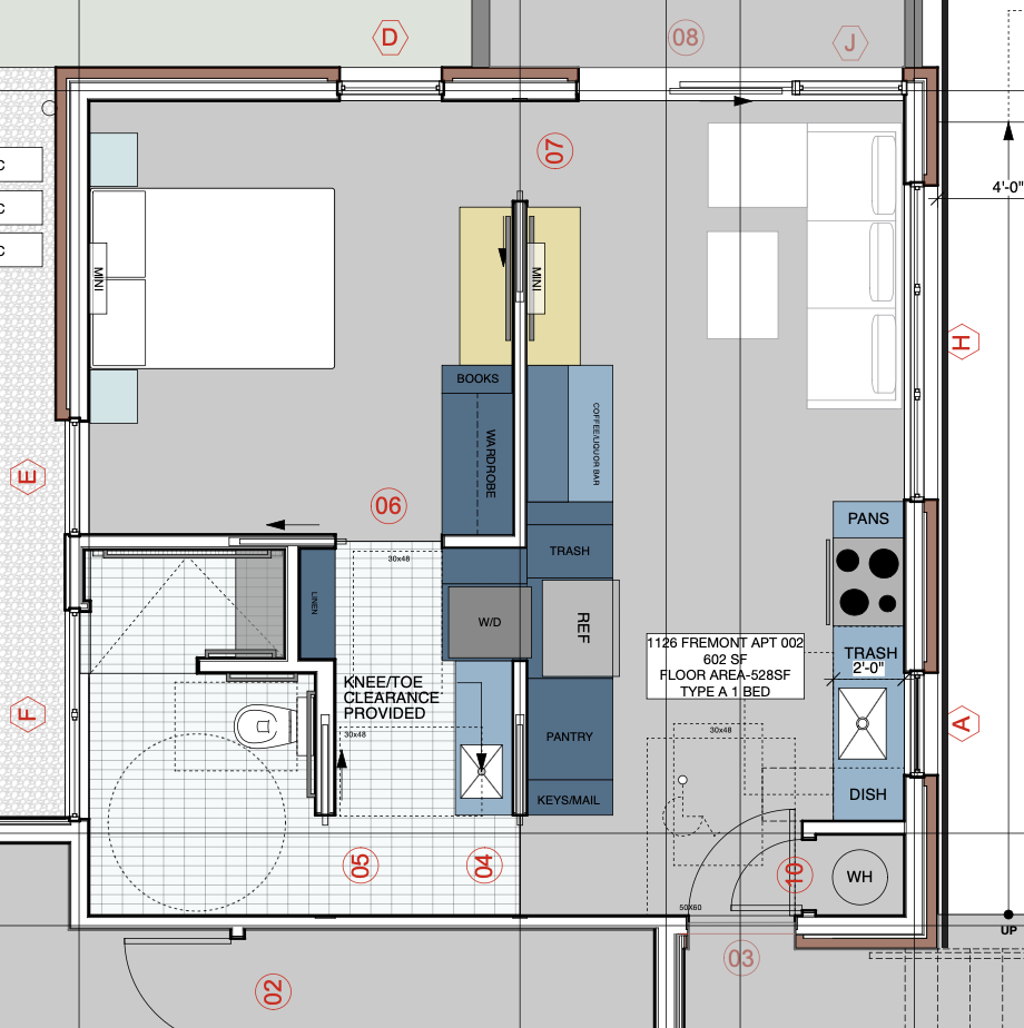 One Bedroom floor plan, 602 SF