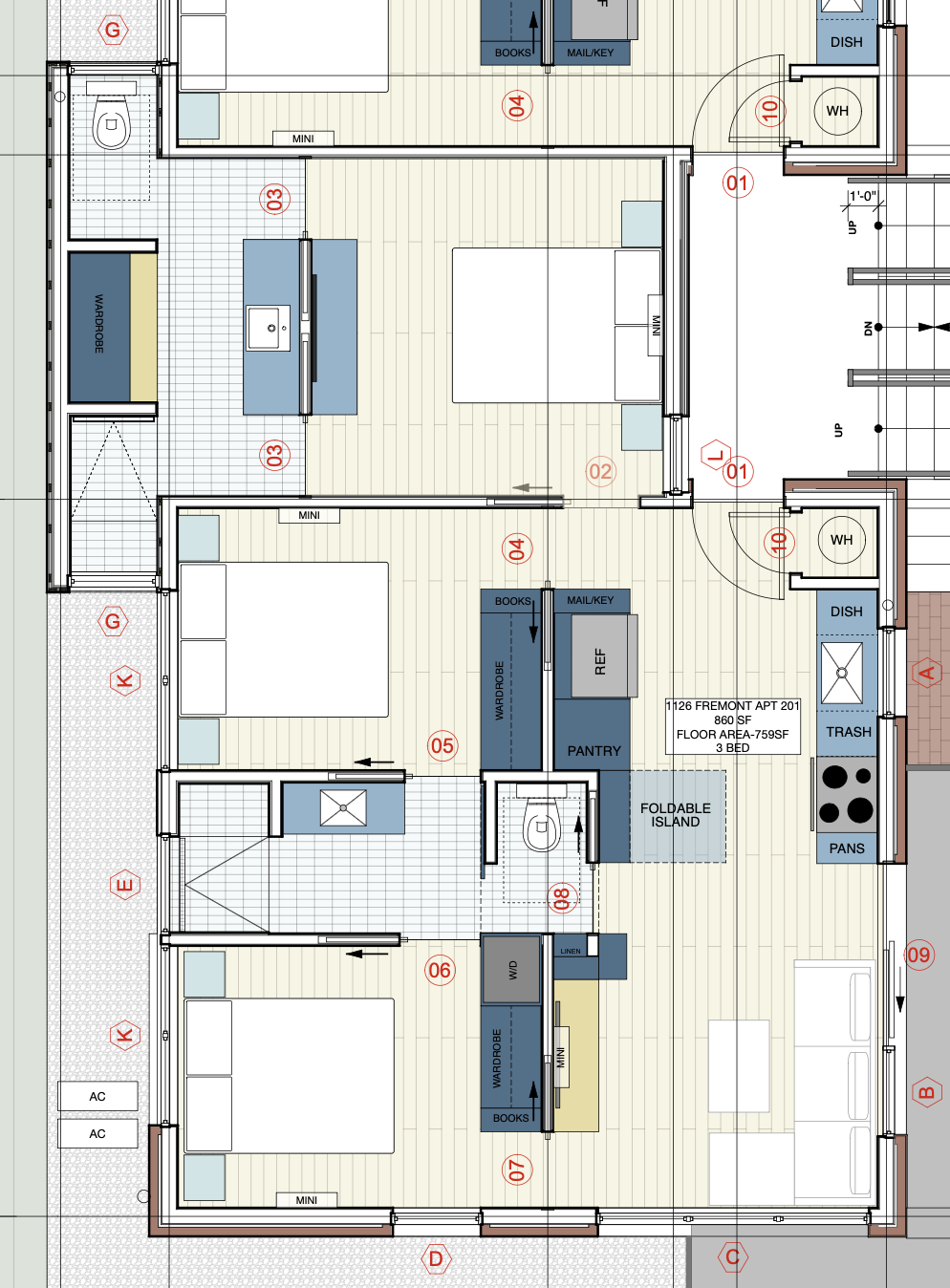 Three Bedroom floor plan, 860 SF