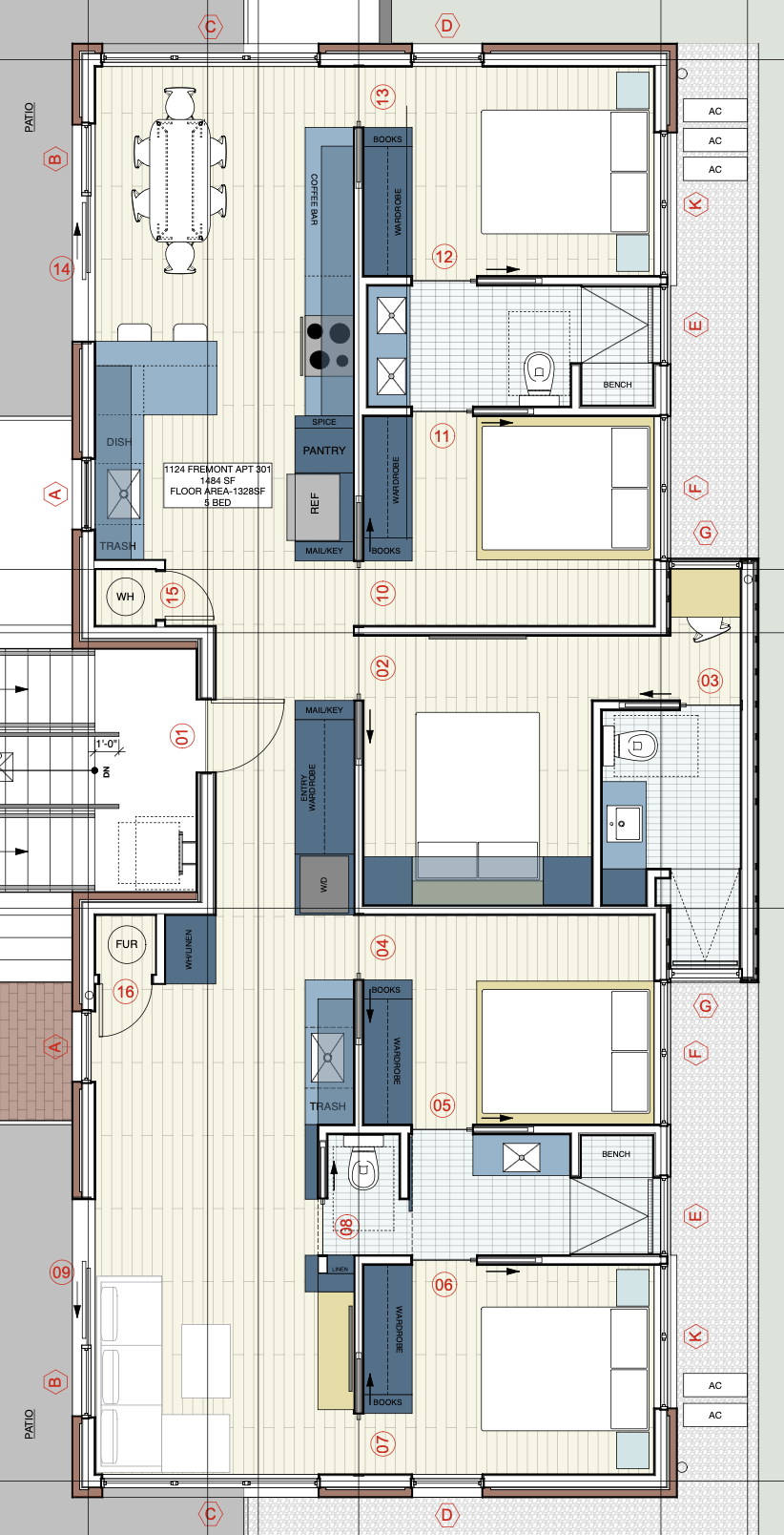 Penthouse floor plan, 1,484 SF, 5 bedroom