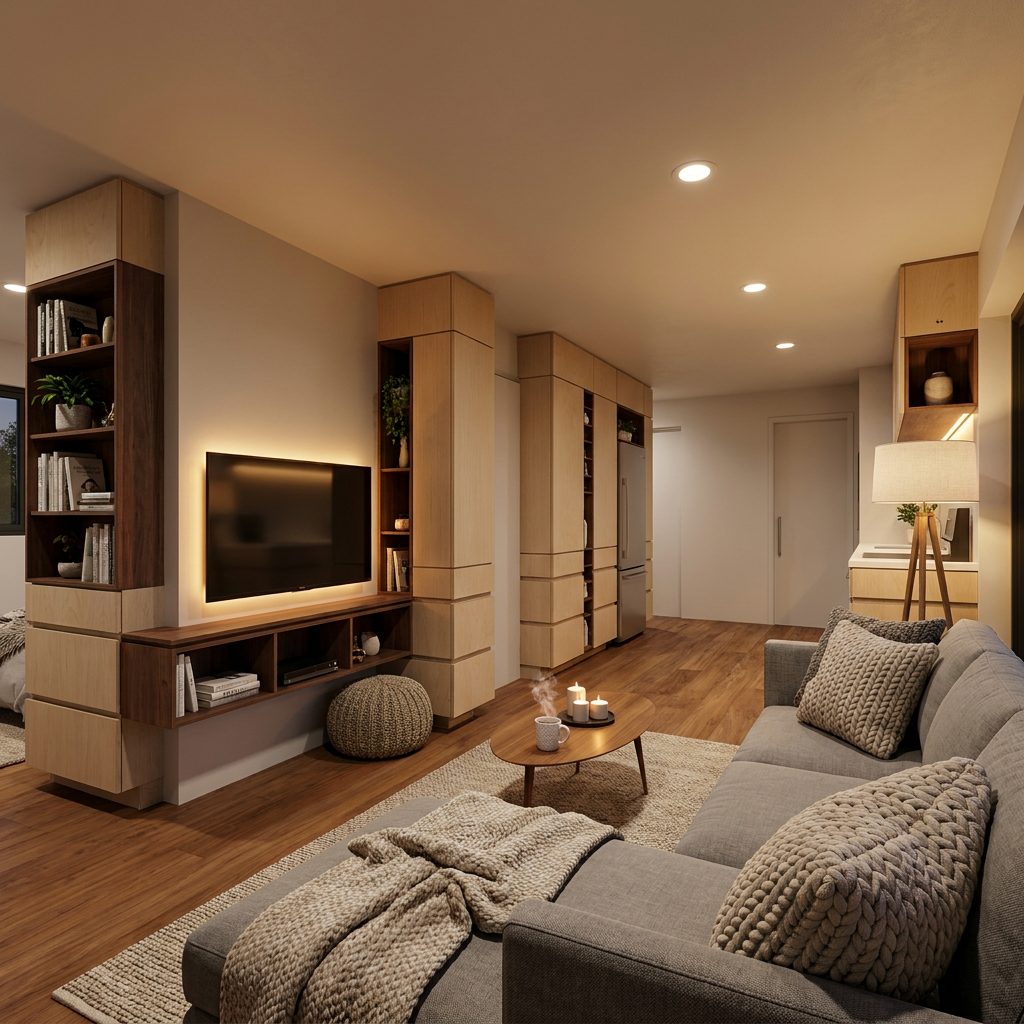 Living room in the evening with warm lighting
