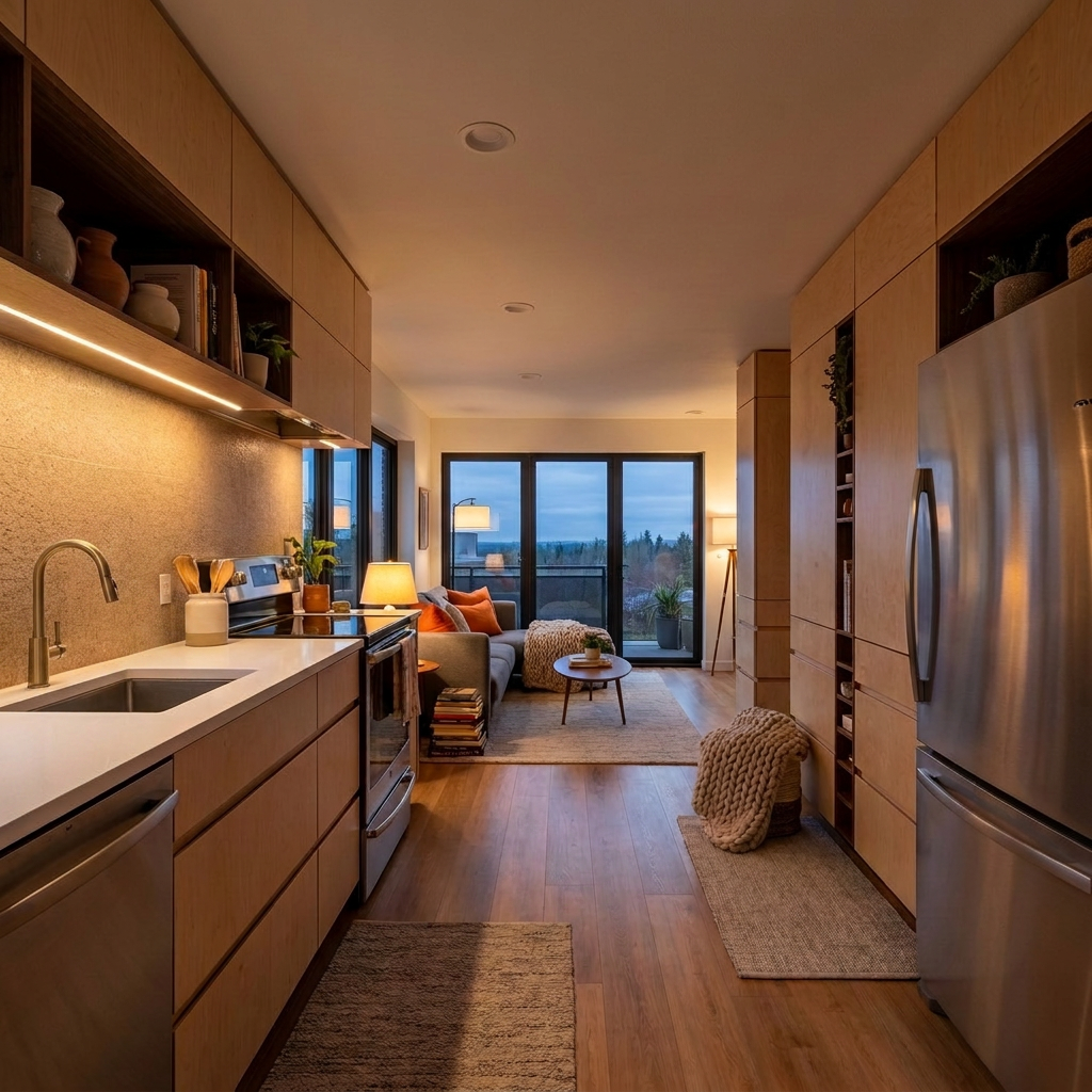 Kitchen and living space at dusk